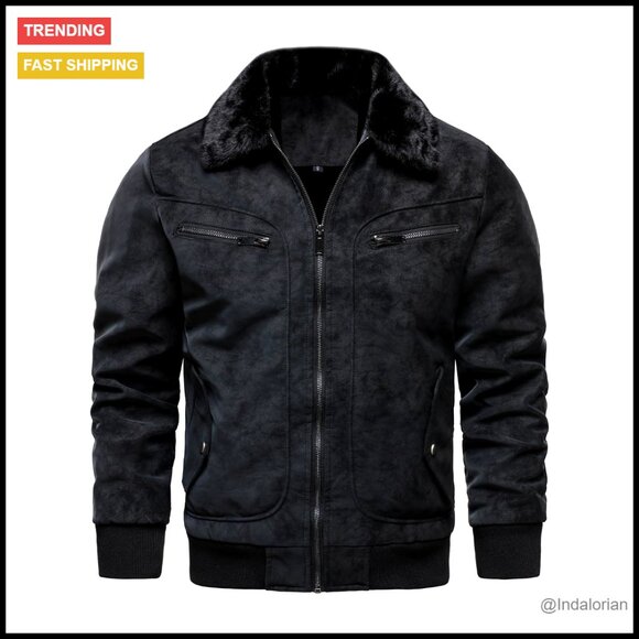 Faux Fur Lined Bomber Jacket Vintage Aviator Style Fleece Leather Coat